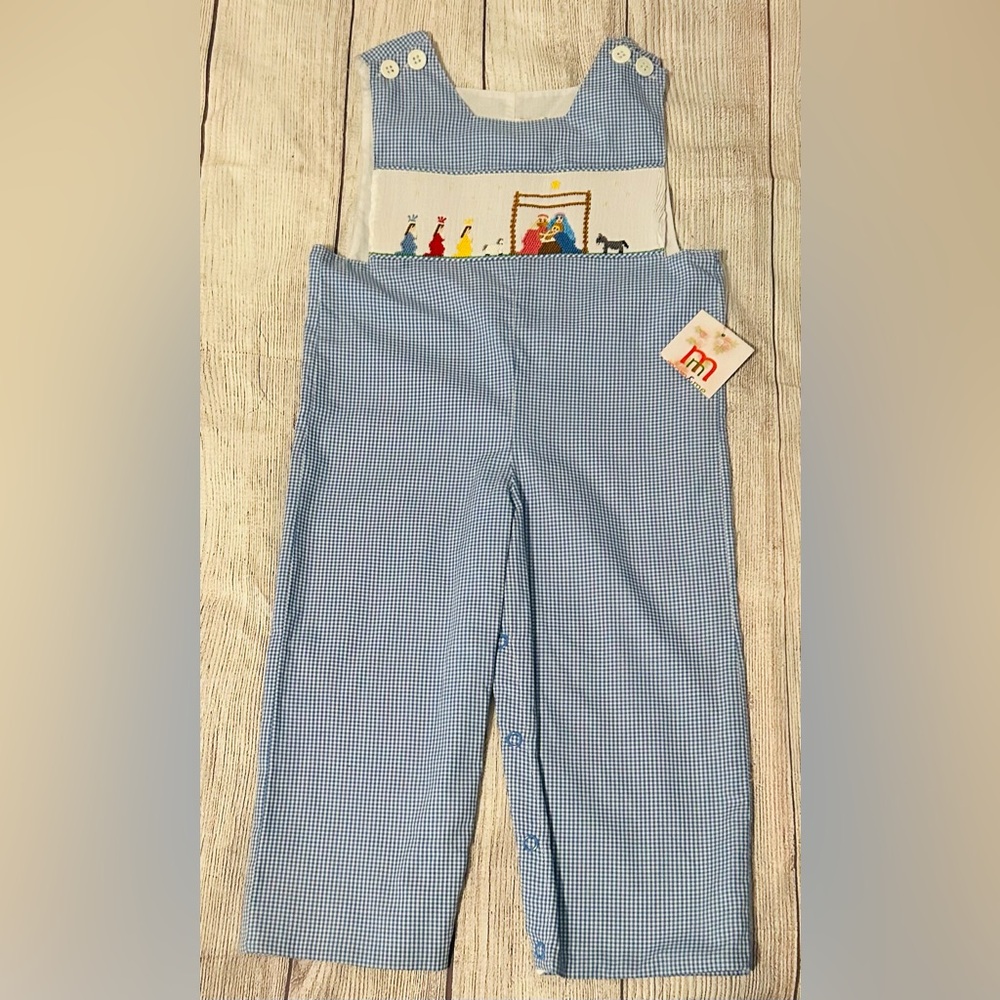 NWT Smocked Mom & Me Nativity Jesus Shepards Gingham Overalls Sz 12 M
